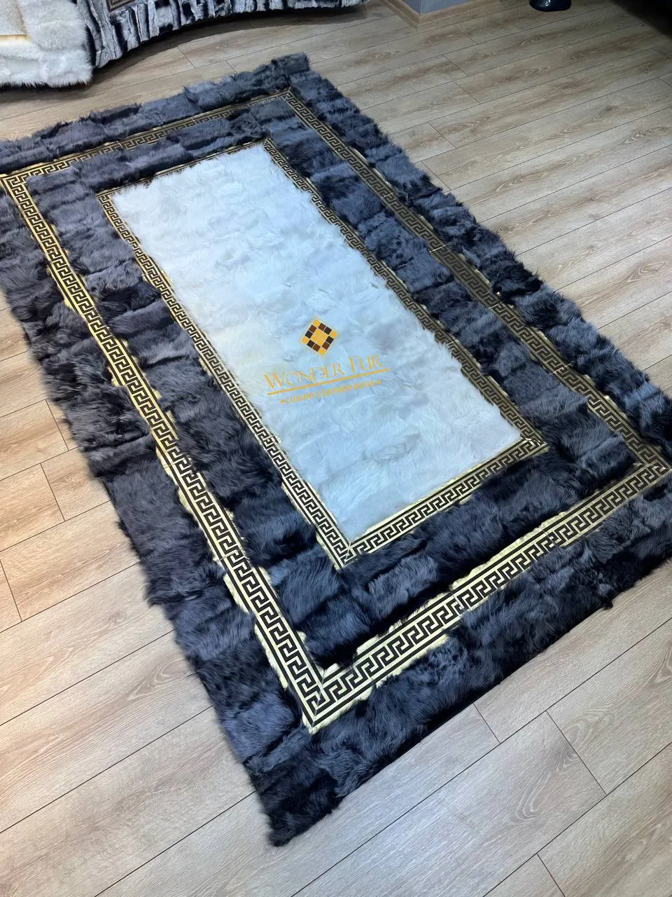 100%Natural Gray White Sheepskin Living Room Rug,Handmade Non Slip Rug