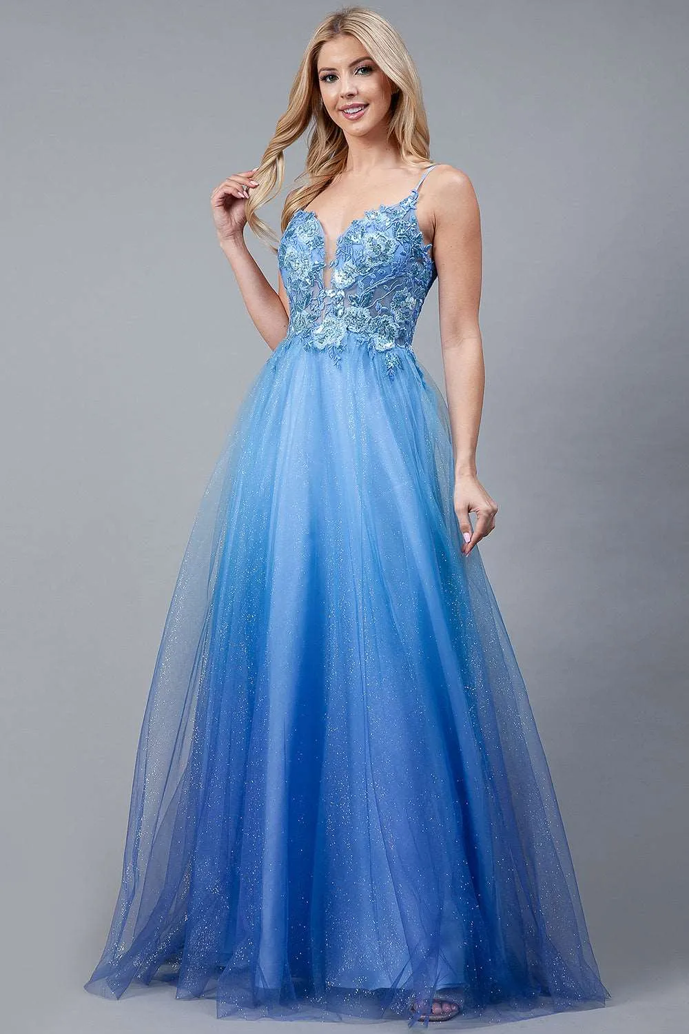 AC 5040 - A-Line Layered Satin Tulle with Floral Embroidered Sheer Bodice