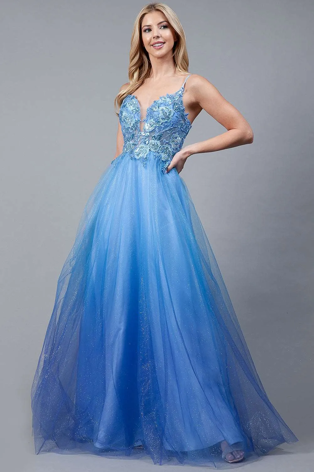 AC 5040 - A-Line Layered Satin Tulle with Floral Embroidered Sheer Bodice