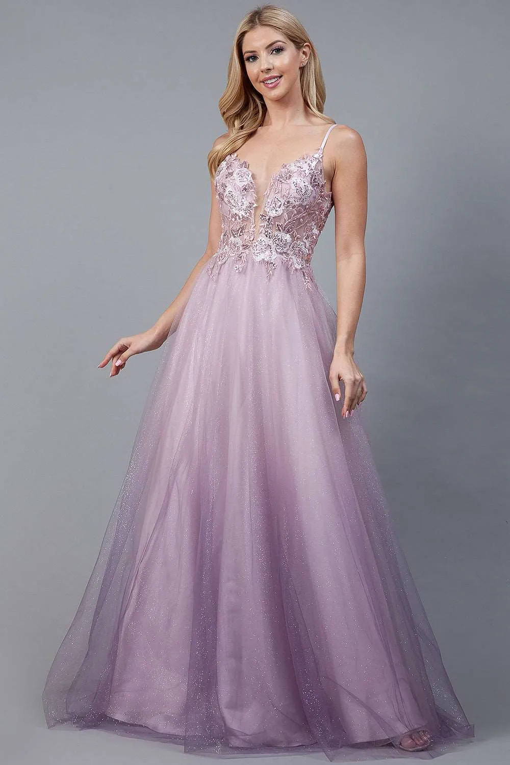 AC 5040 - A-Line Layered Satin Tulle with Floral Embroidered Sheer Bodice