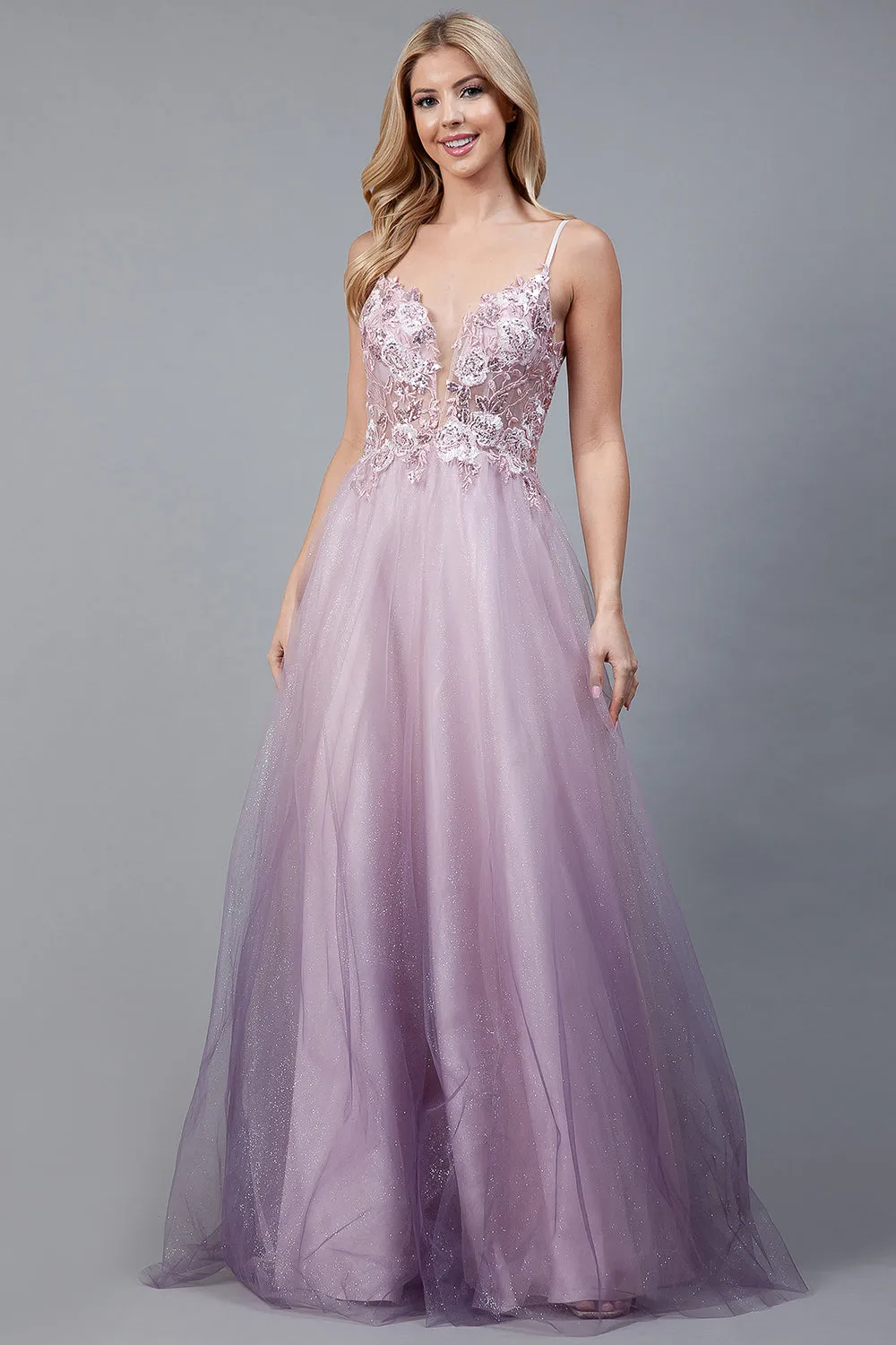 AC 5040 - A-Line Layered Satin Tulle with Floral Embroidered Sheer Bodice