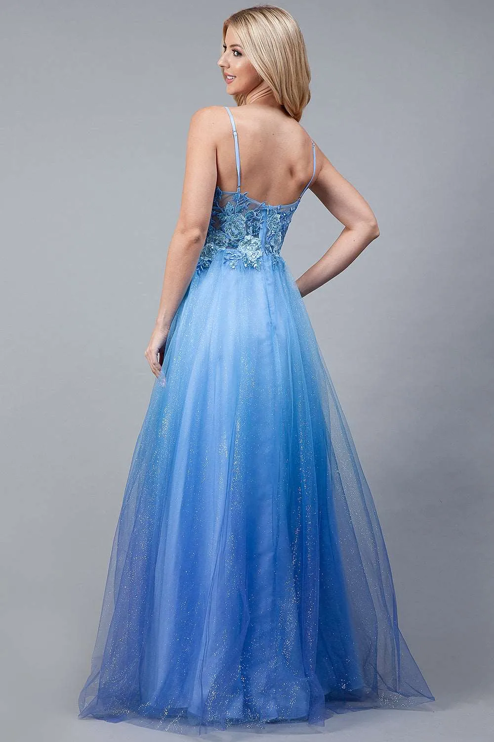 AC 5040 - A-Line Layered Satin Tulle with Floral Embroidered Sheer Bodice