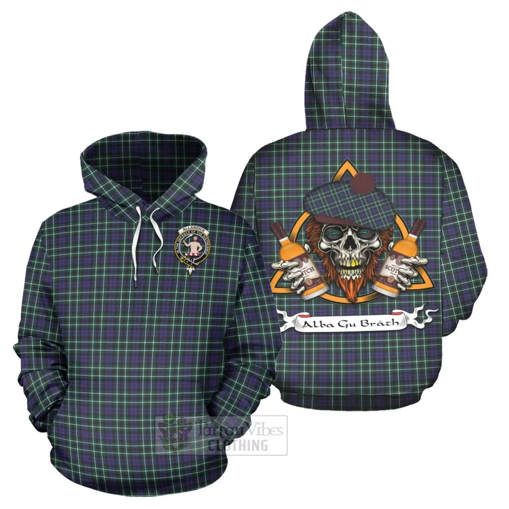 Allardice Tartan Hoodie with Family Crest and Bearded Skull Holding Bottles of Whiskey
