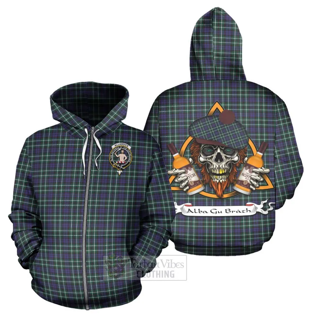 Allardice Tartan Hoodie with Family Crest and Bearded Skull Holding Bottles of Whiskey
