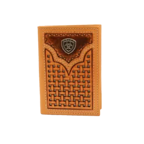 Ariat Men's Basket Weave Pierced Shield Brown Trifold Wallet