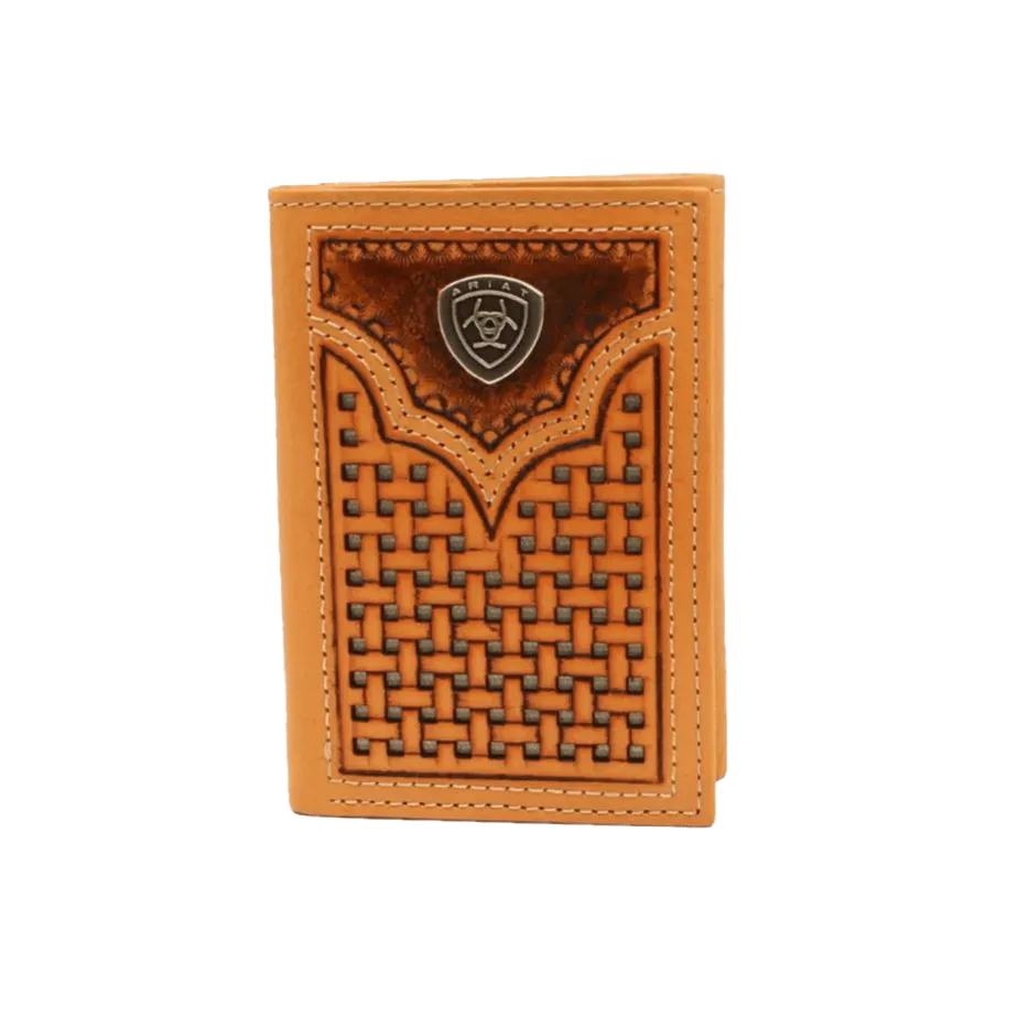 Ariat Men's Basket Weave Pierced Shield Brown Trifold Wallet