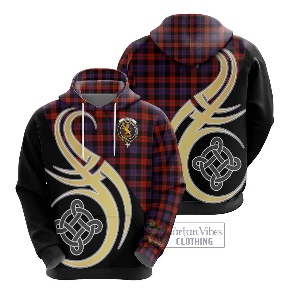 Brown (Broun) Tartan Hoodie with Family Crest and Celtic Symbol Style