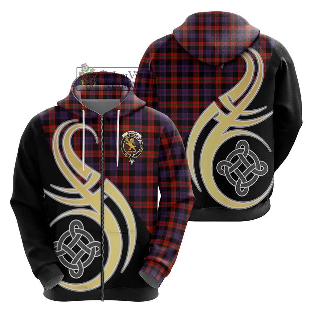 Brown (Broun) Tartan Hoodie with Family Crest and Celtic Symbol Style