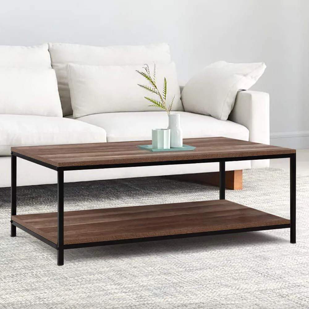 Coffee Table Wooden Rustic Vintage Storage Shelf Metal Frame Black