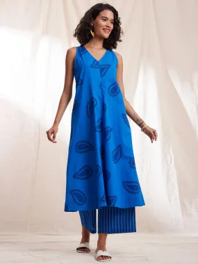 Cotton Paisley Sleeveless Kurta Set - Blue