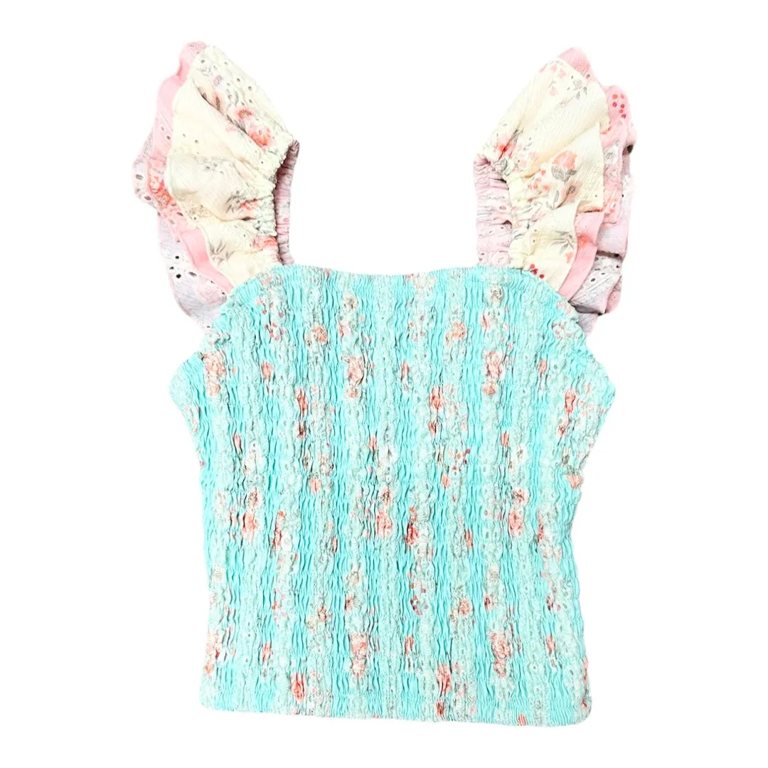 FBZ Aqua Floral Eyelet Smocked Top