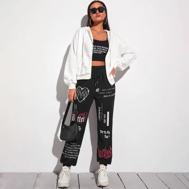 Fire & Slogan Graphic Slant Pocket Drawstring Waist Sweatpants