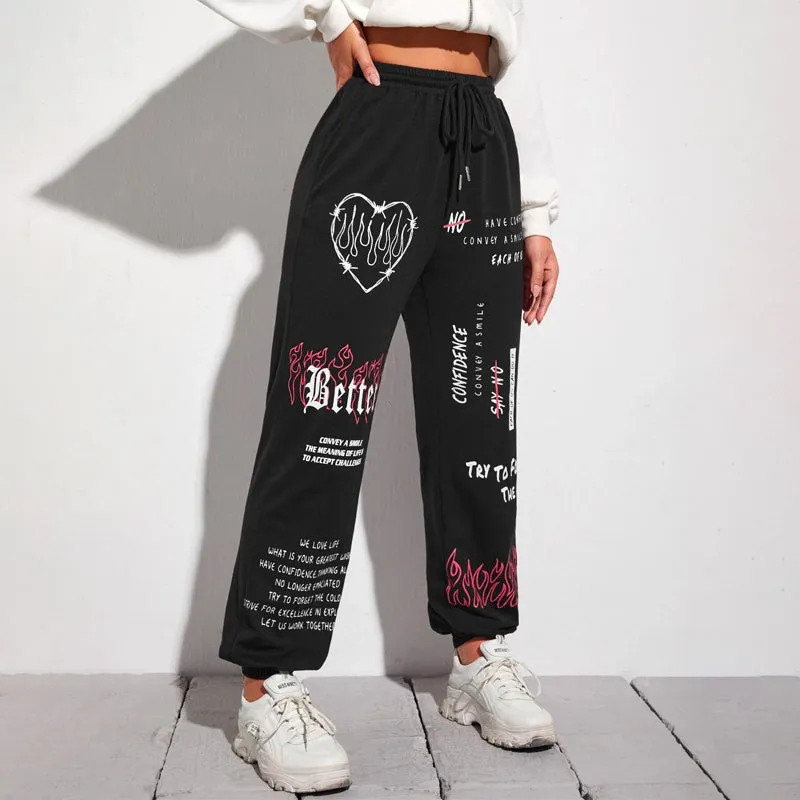 Fire & Slogan Graphic Slant Pocket Drawstring Waist Sweatpants