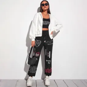 Fire & Slogan Graphic Slant Pocket Drawstring Waist Sweatpants