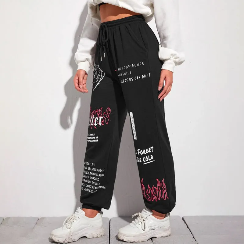 Fire & Slogan Graphic Slant Pocket Drawstring Waist Sweatpants