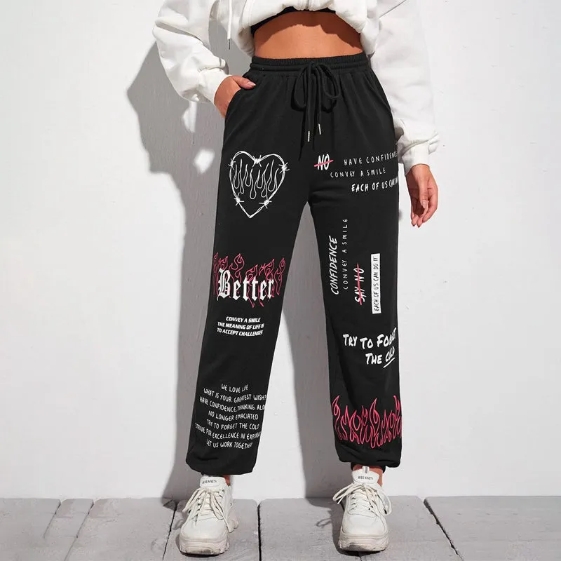 Fire & Slogan Graphic Slant Pocket Drawstring Waist Sweatpants