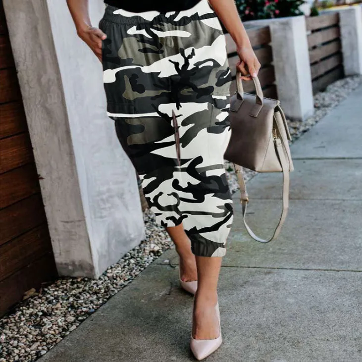 High Waist Camouflage Cropped Elastic Waist Pants