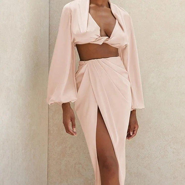 KittenAlarm - Yani Bishop Sleeves Crop Top & High Slit Skirt Set