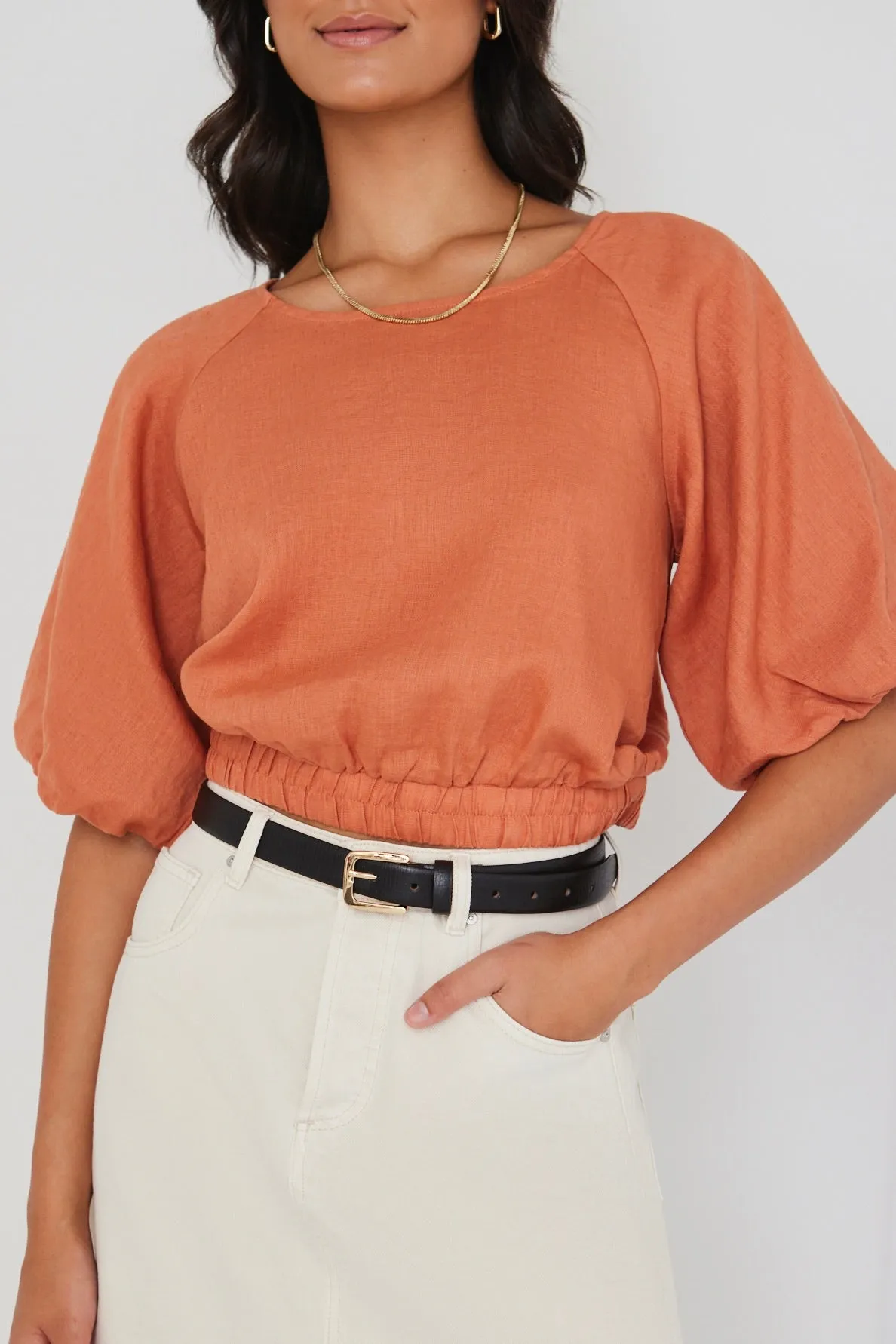 Matty Terracotta Linen Bubble Sleeve Top