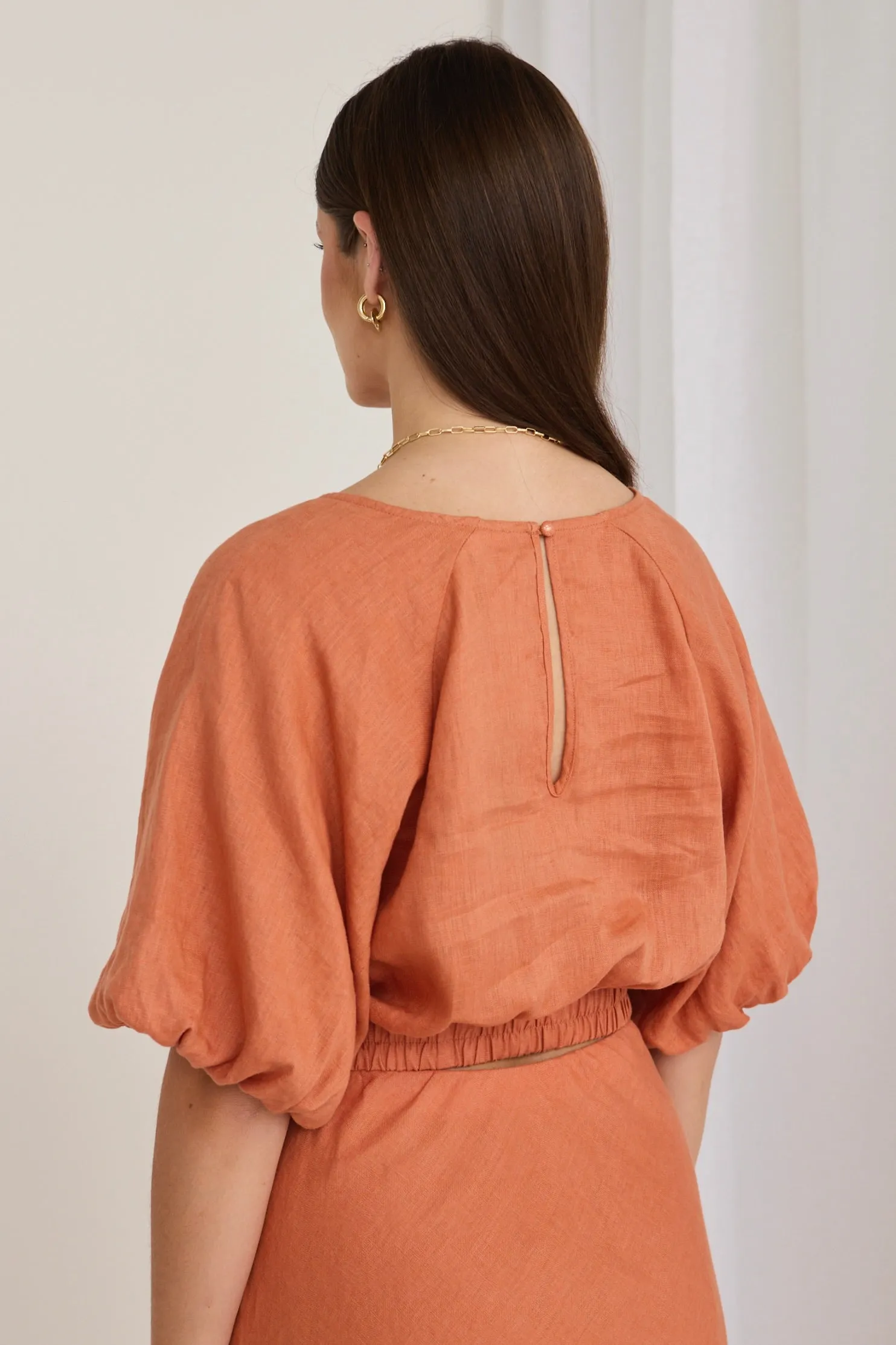 Matty Terracotta Linen Bubble Sleeve Top