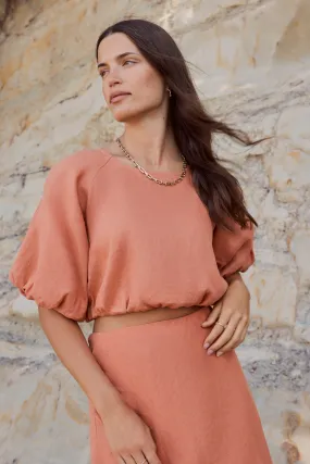 Matty Terracotta Linen Bubble Sleeve Top
