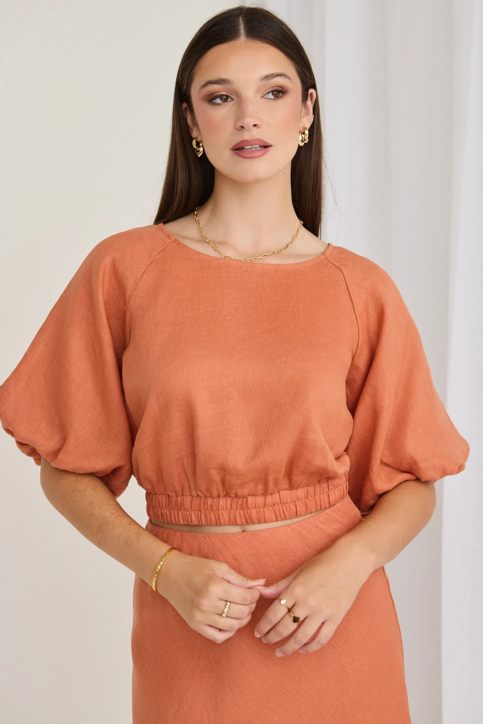Matty Terracotta Linen Bubble Sleeve Top