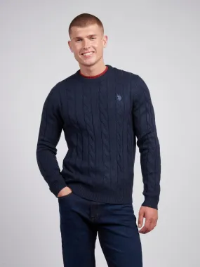Mens Cable Knit Crew Neck in Dark Sapphire Navy / Moonlight Blue DHM