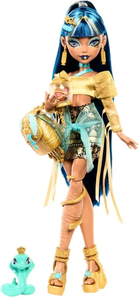Monster High Cleo De Nile Doll in Golden Blouse & Layered Skirt, Includes Pet Cobra Hissette & Accessories Like a Backpack, Snack & Scroll
