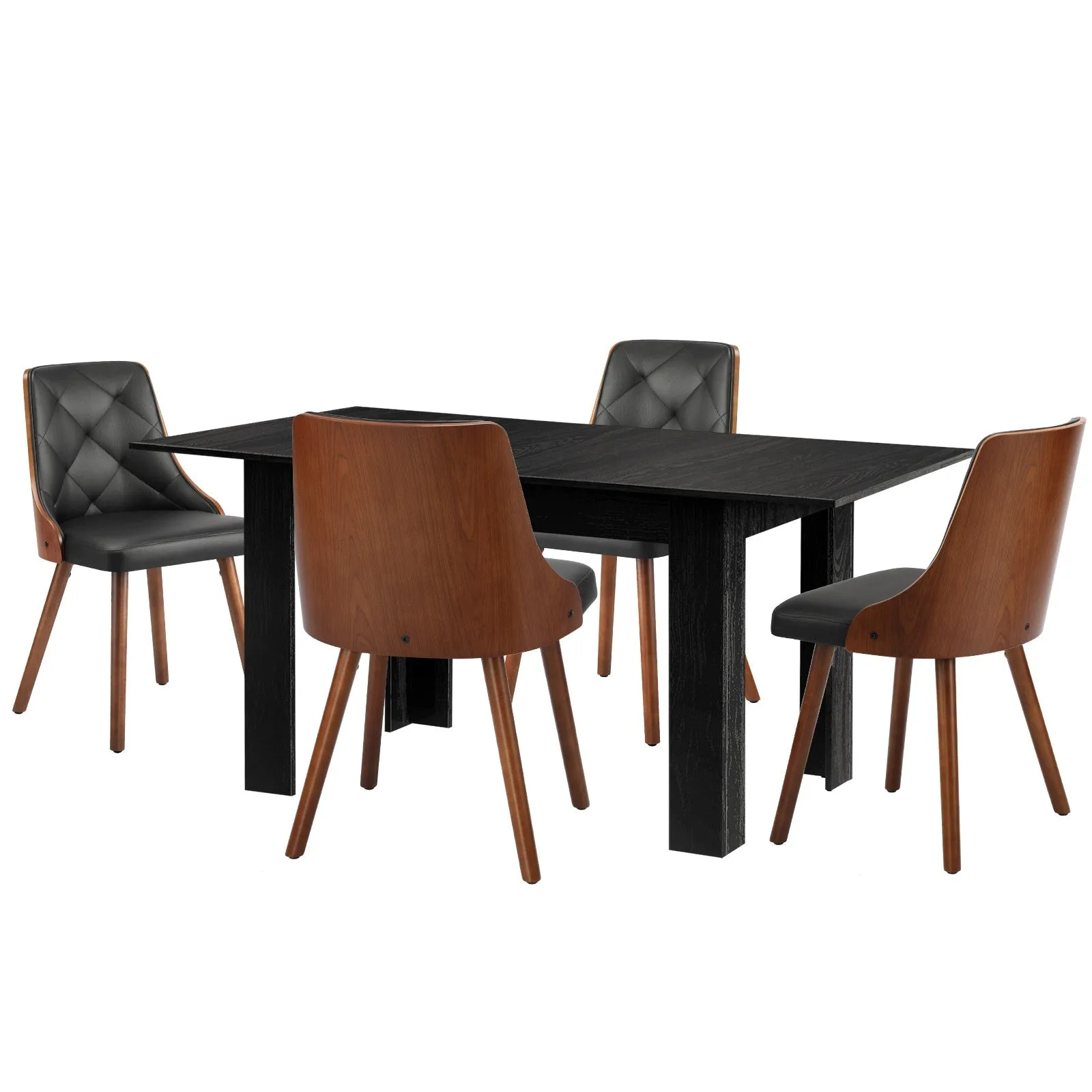 Oikiture 160cm Extendable Dining Table with 4PCS Dining Chairs PU Leather Black