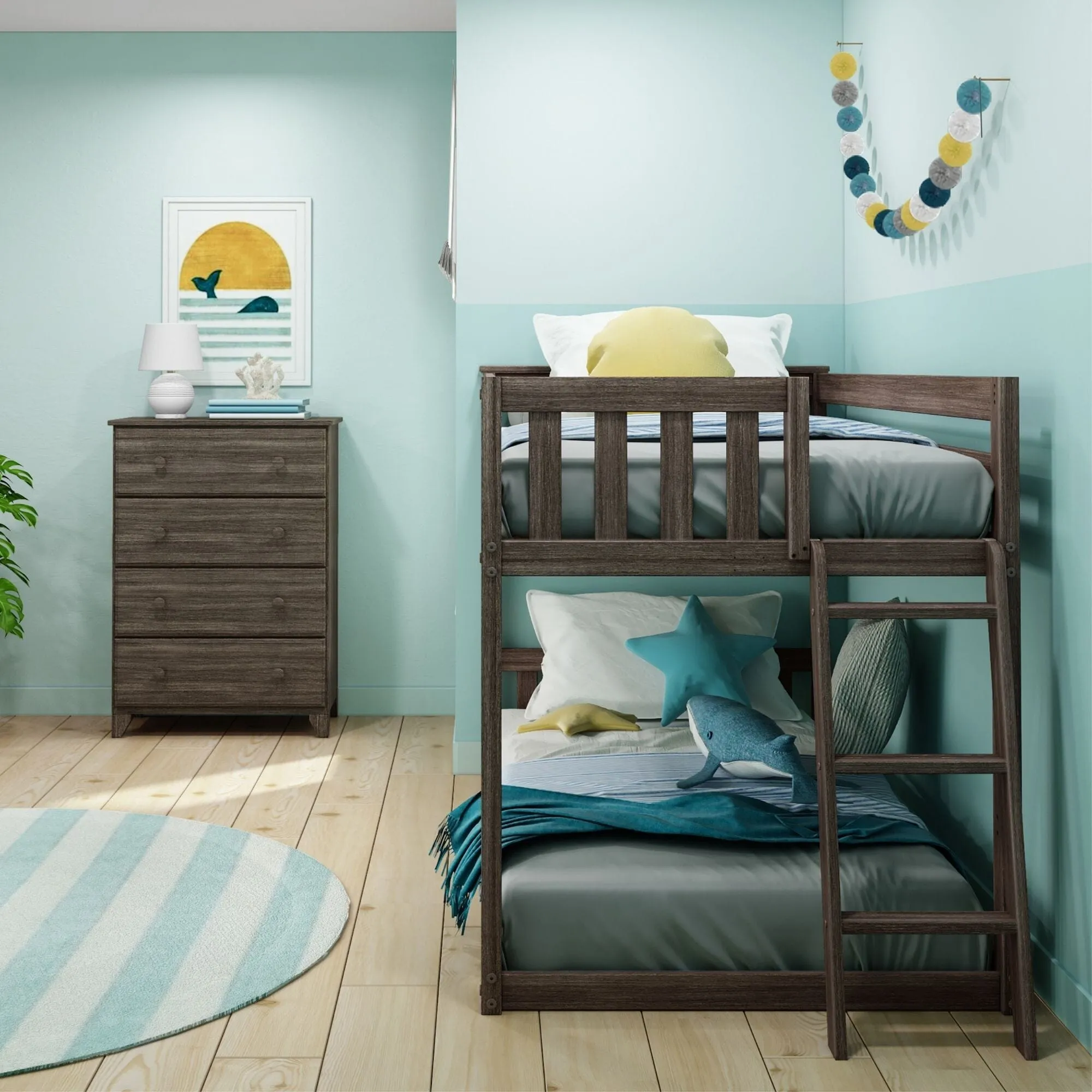 Twin Over Twin Low Bunk Bed With Ladder On End
