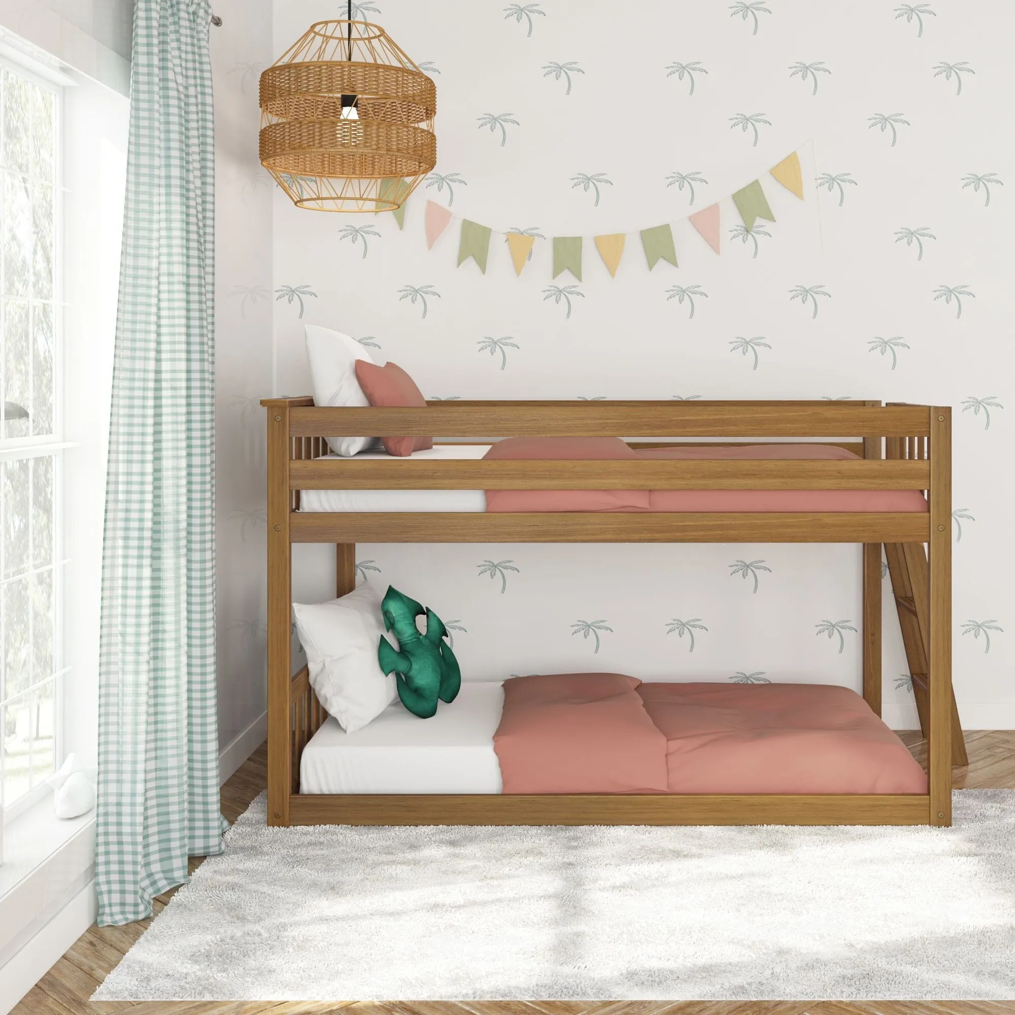 Twin Over Twin Low Bunk Bed With Ladder On End