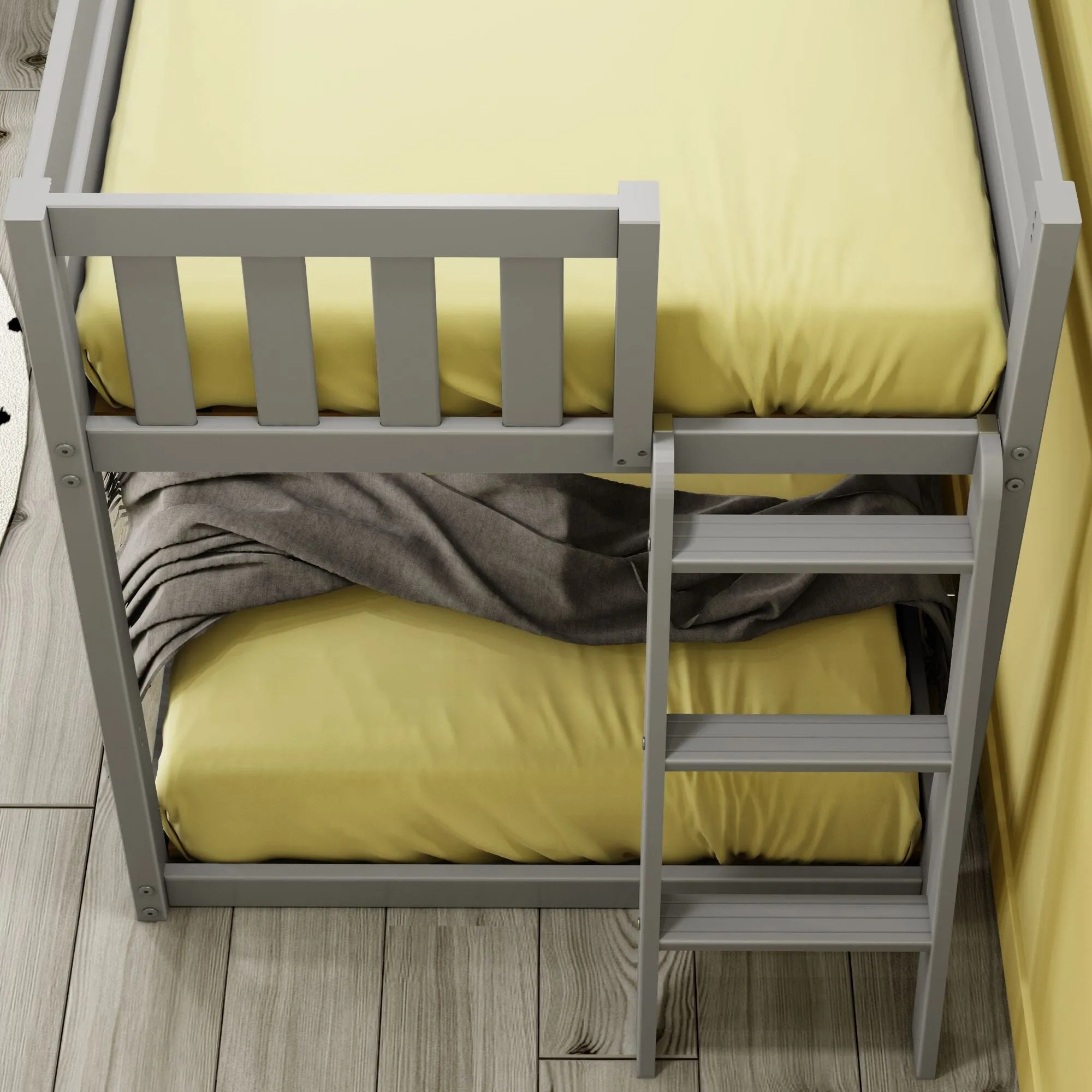 Twin Over Twin Low Bunk Bed With Ladder On End