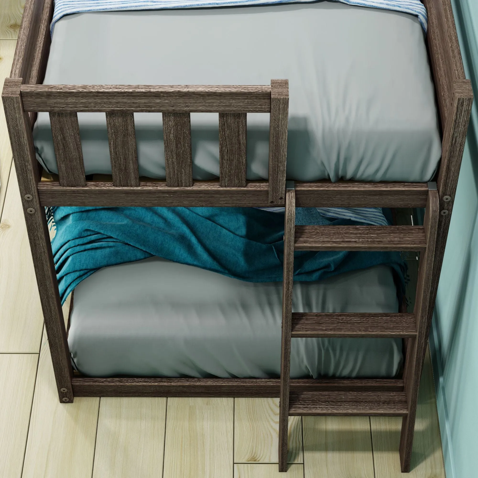 Twin Over Twin Low Bunk Bed With Ladder On End