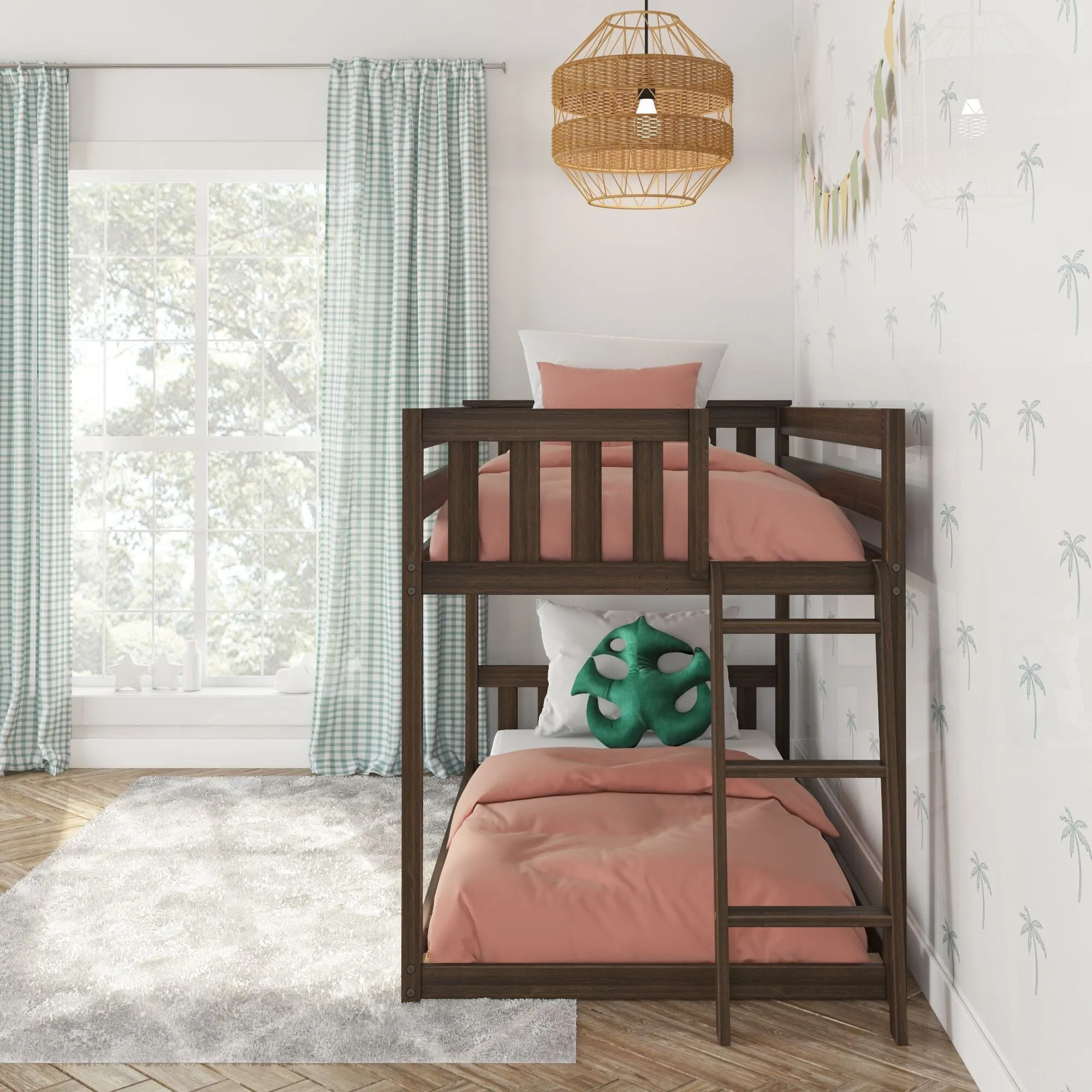 Twin Over Twin Low Bunk Bed With Ladder On End