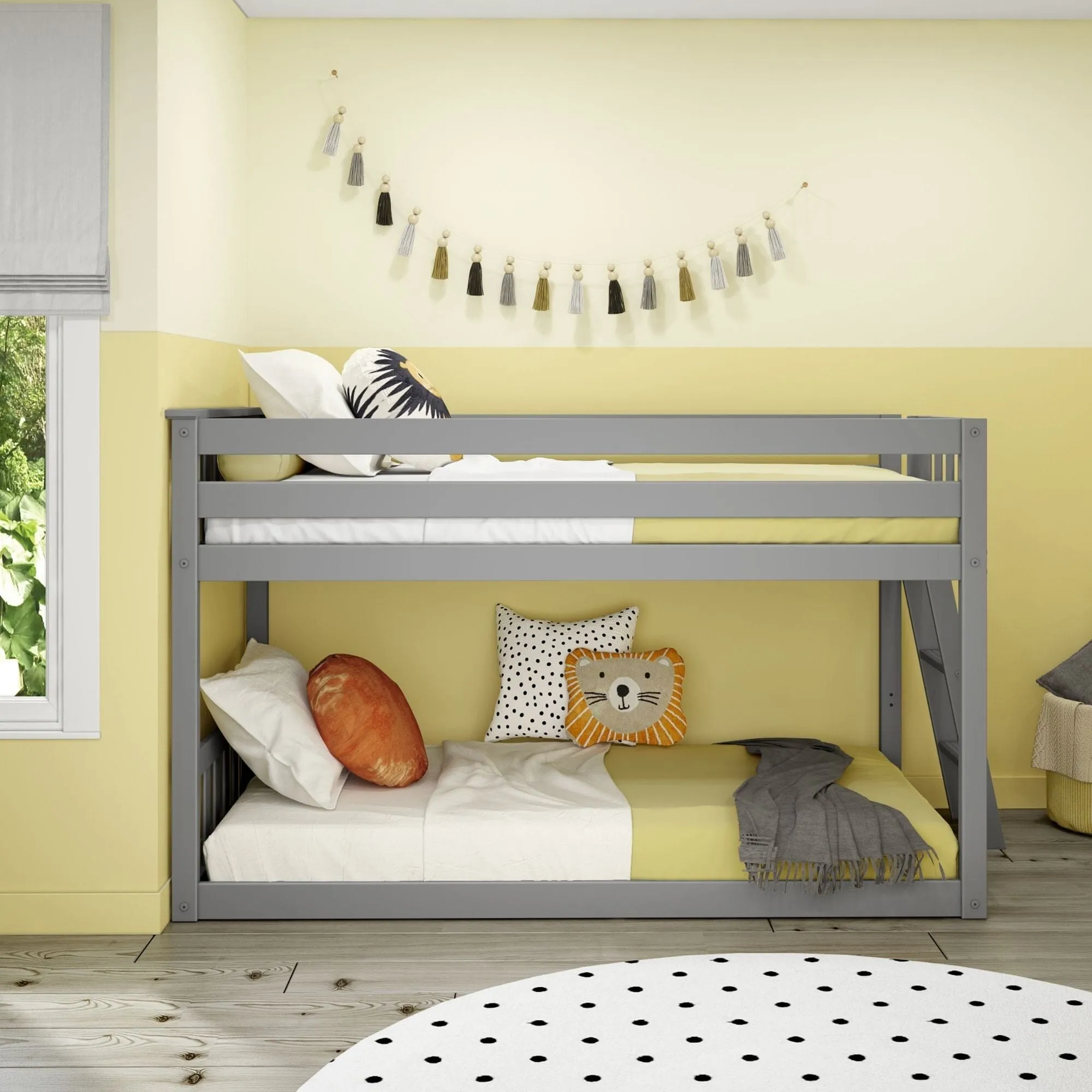 Twin Over Twin Low Bunk Bed With Ladder On End
