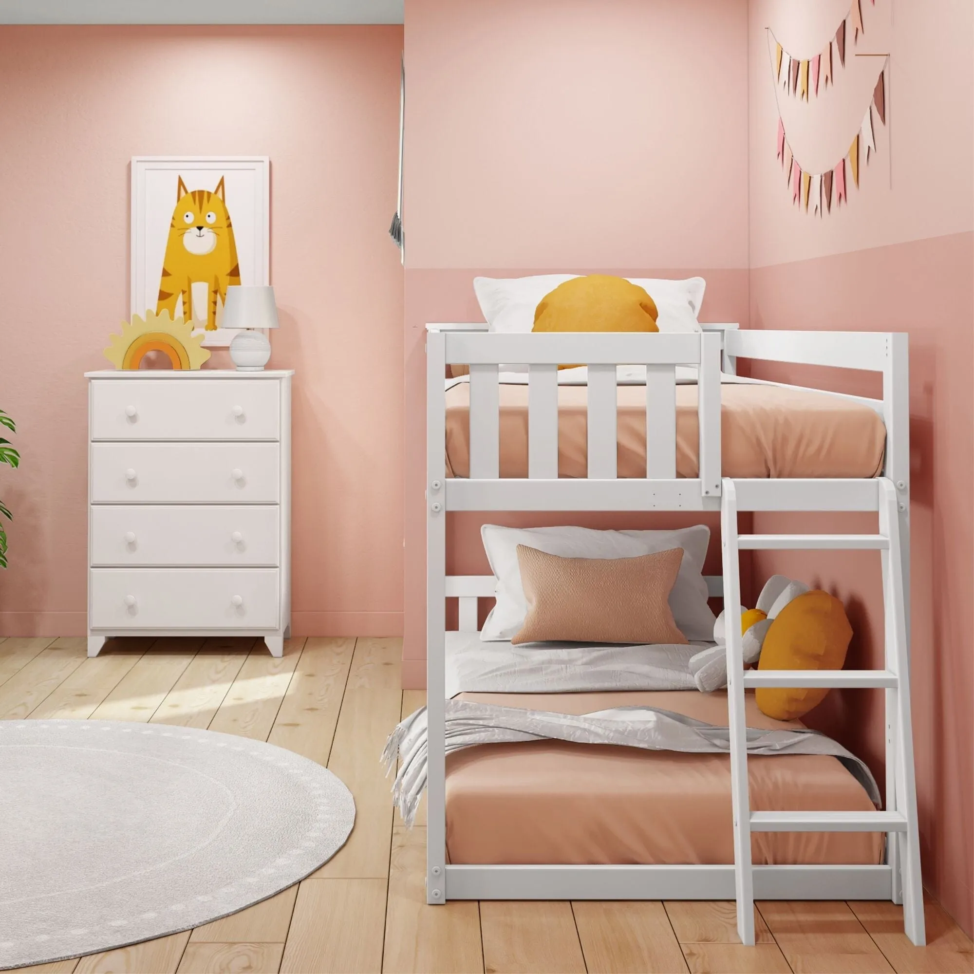 Twin Over Twin Low Bunk Bed With Ladder On End