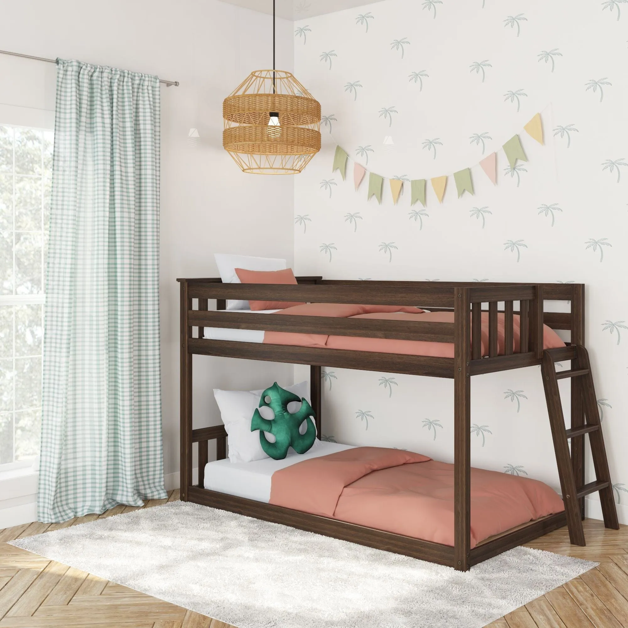 Twin Over Twin Low Bunk Bed With Ladder On End