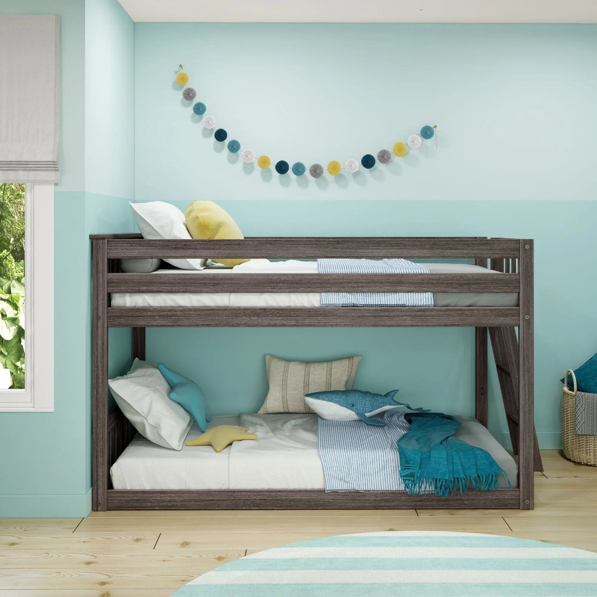 Twin Over Twin Low Bunk Bed With Ladder On End