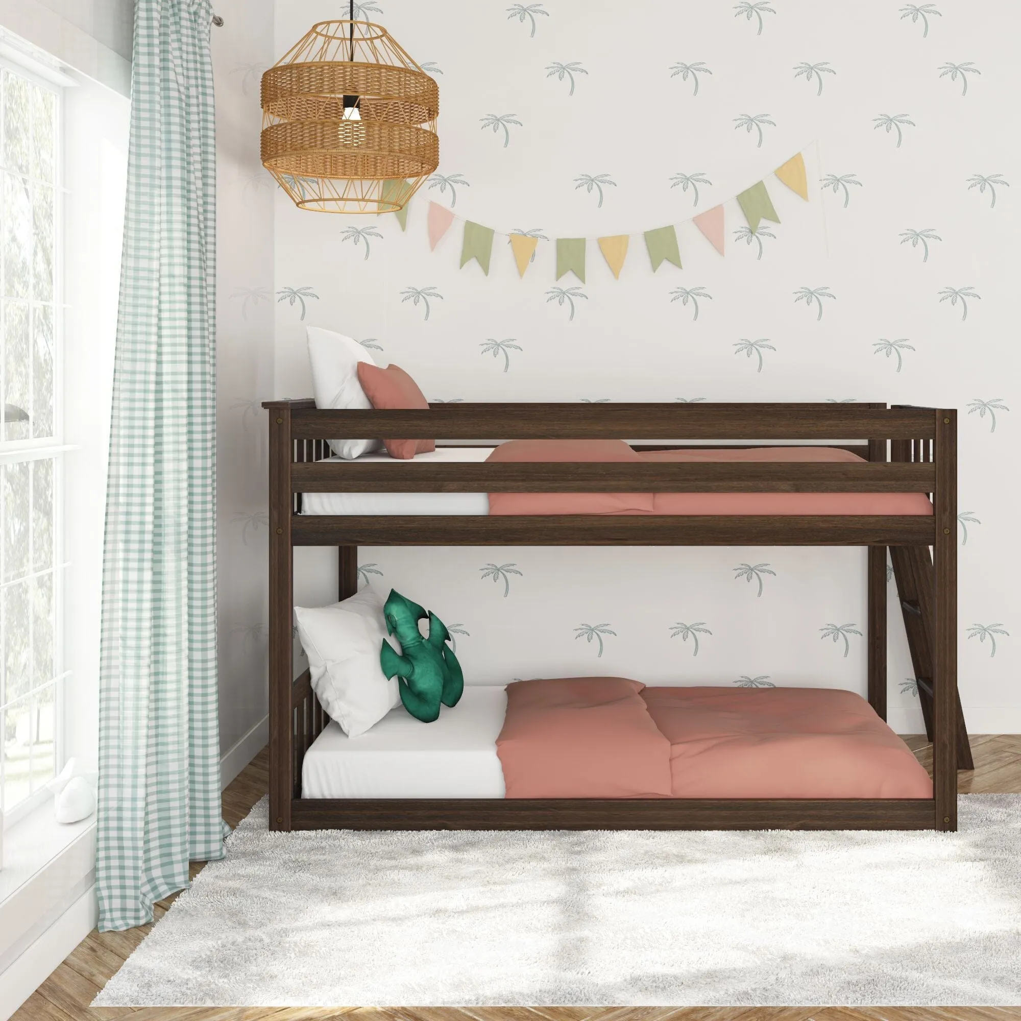 Twin Over Twin Low Bunk Bed With Ladder On End