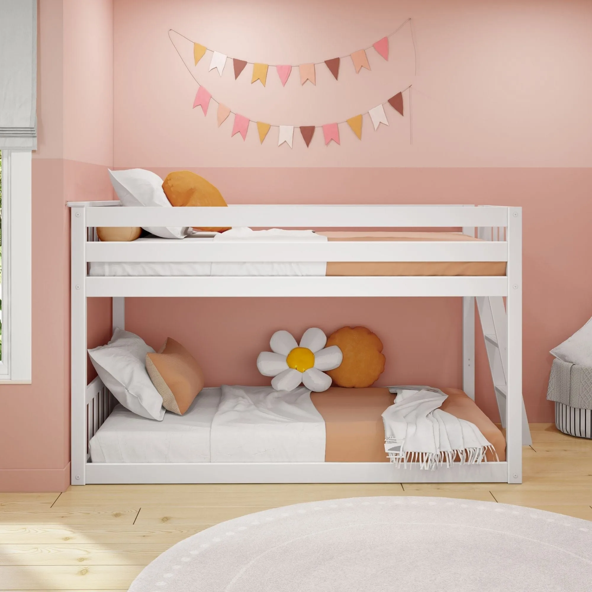 Twin Over Twin Low Bunk Bed With Ladder On End