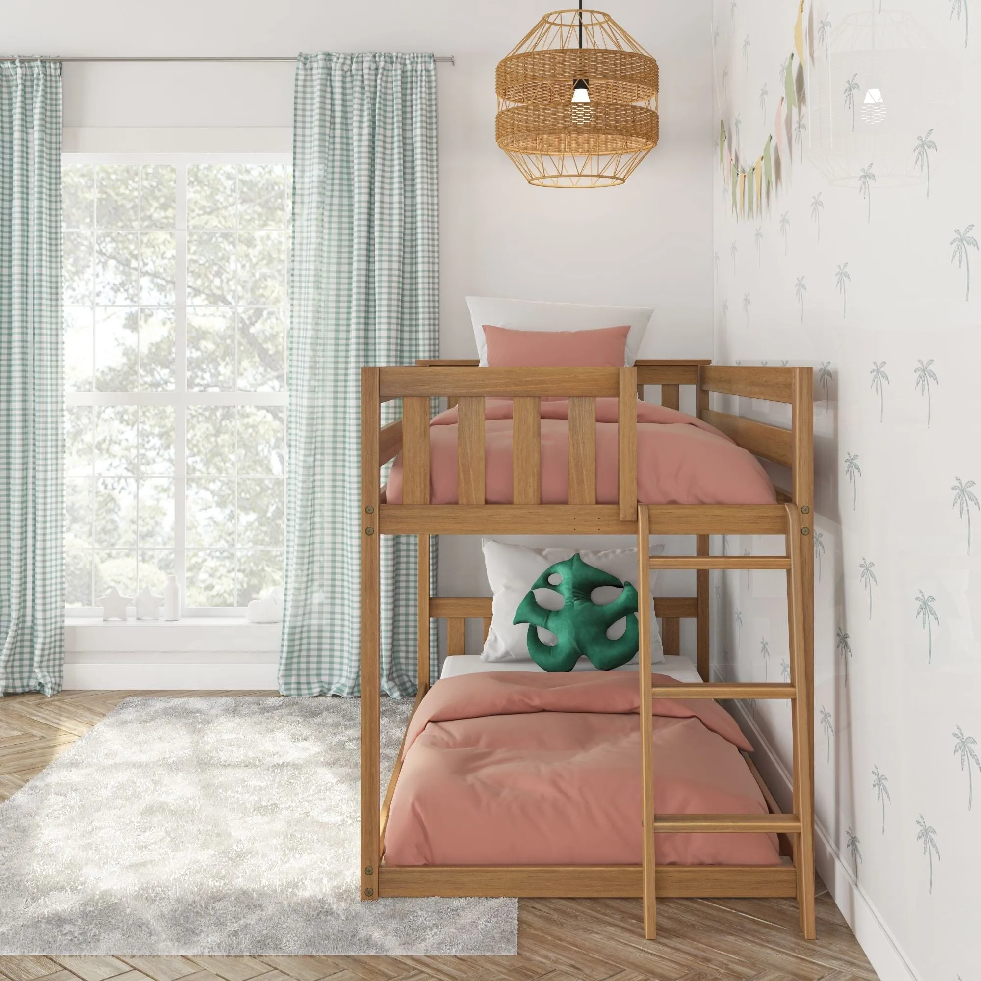 Twin Over Twin Low Bunk Bed With Ladder On End