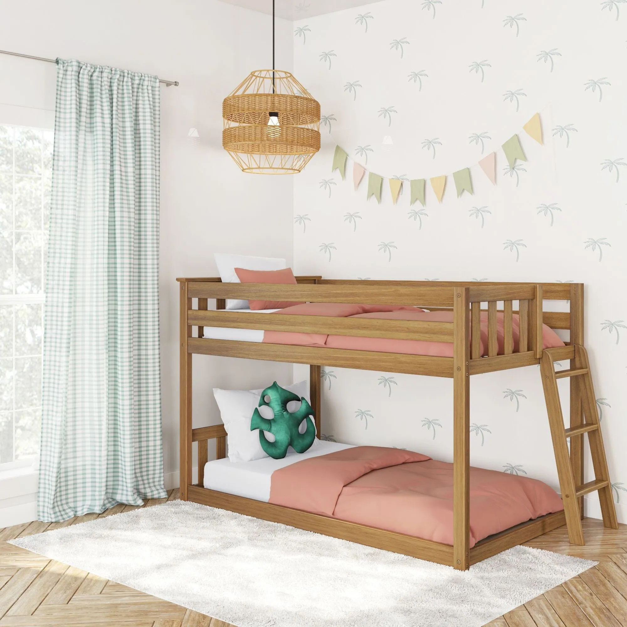 Twin Over Twin Low Bunk Bed With Ladder On End