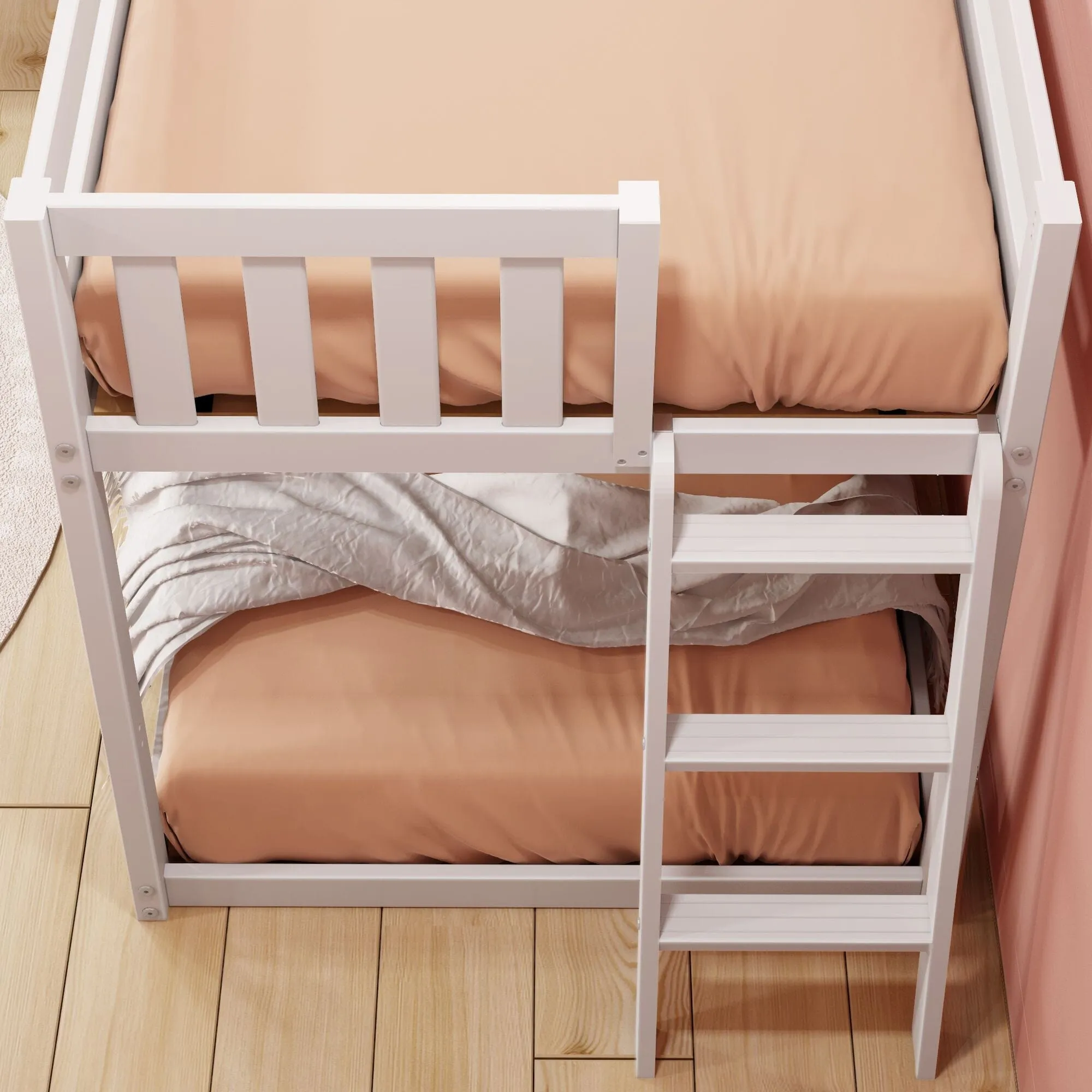 Twin Over Twin Low Bunk Bed With Ladder On End