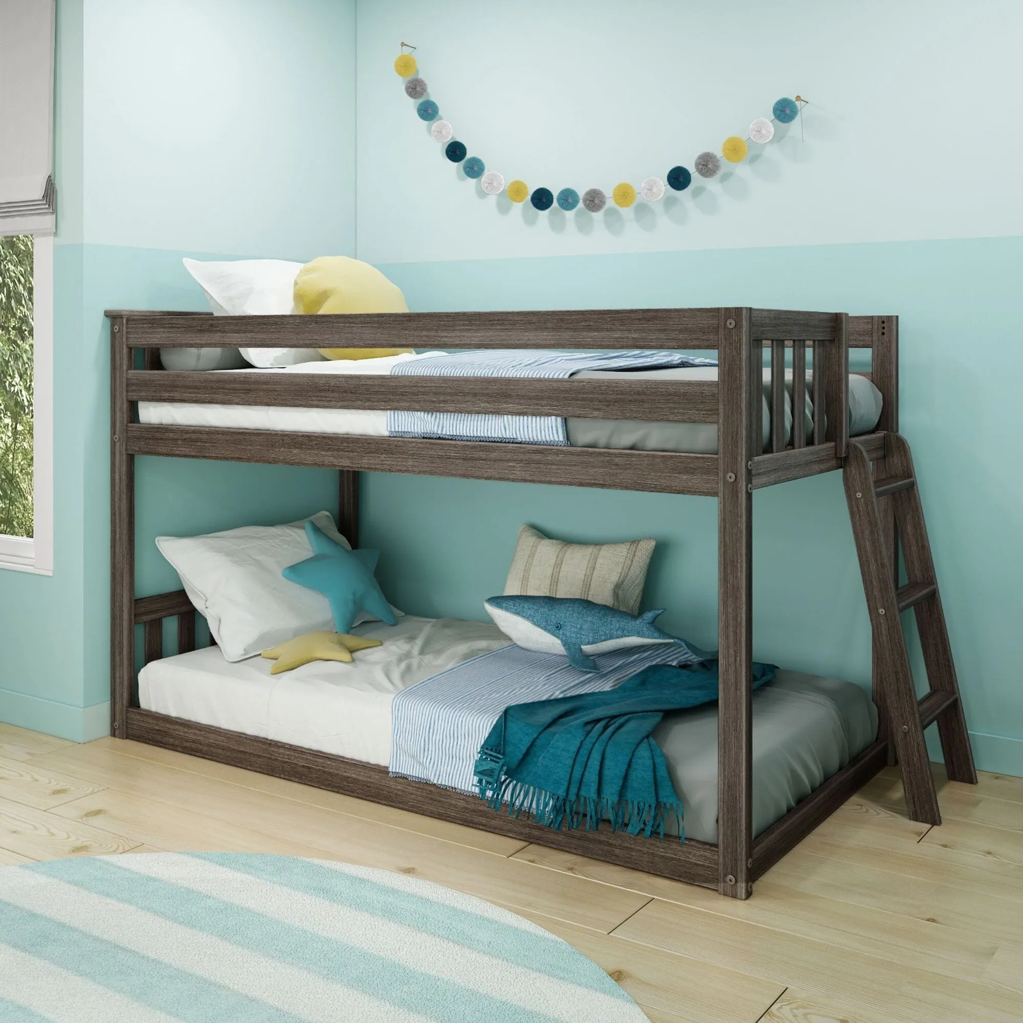Twin Over Twin Low Bunk Bed With Ladder On End