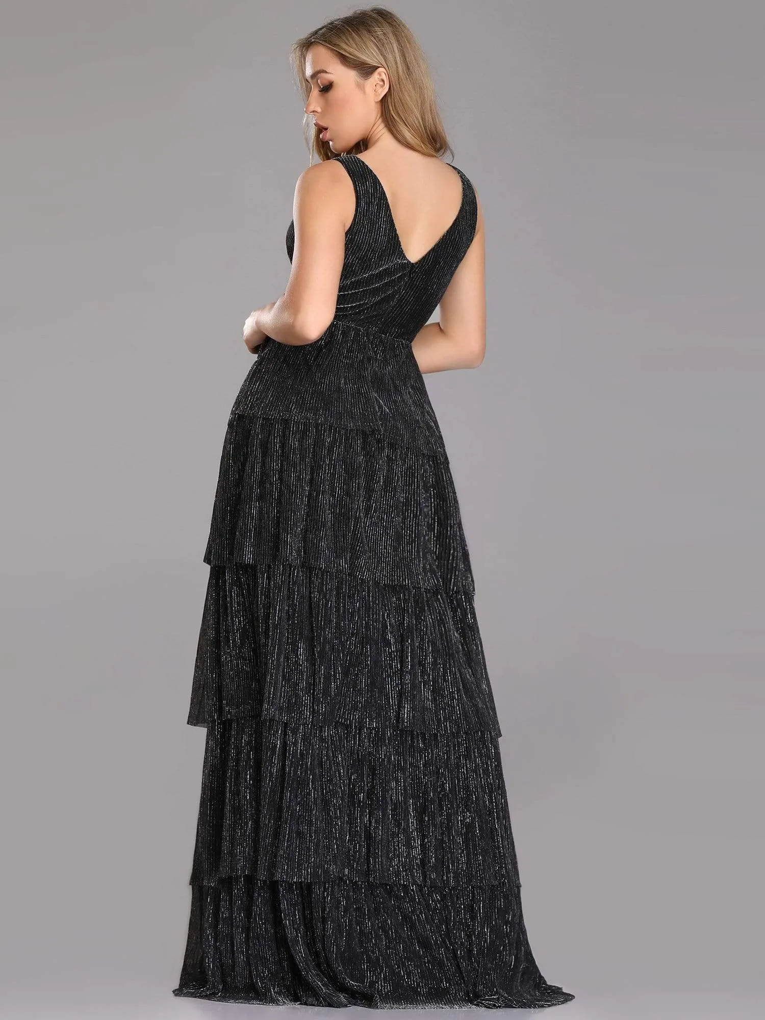 V Neck Shimmery Tiered Evening Dress