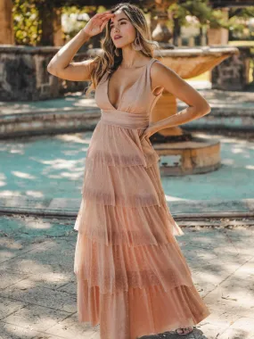 V Neck Shimmery Tiered Evening Dress