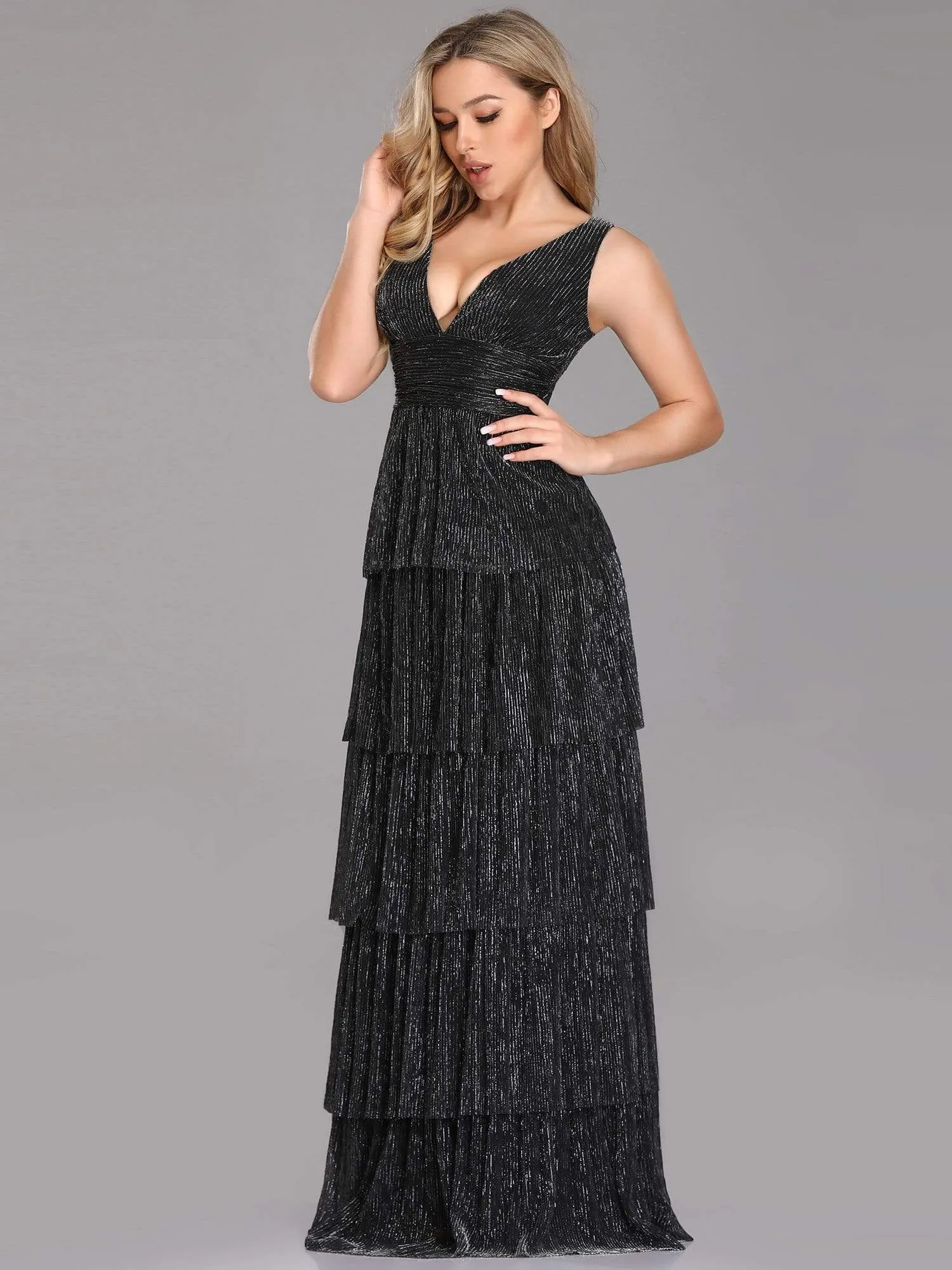V Neck Shimmery Tiered Evening Dress