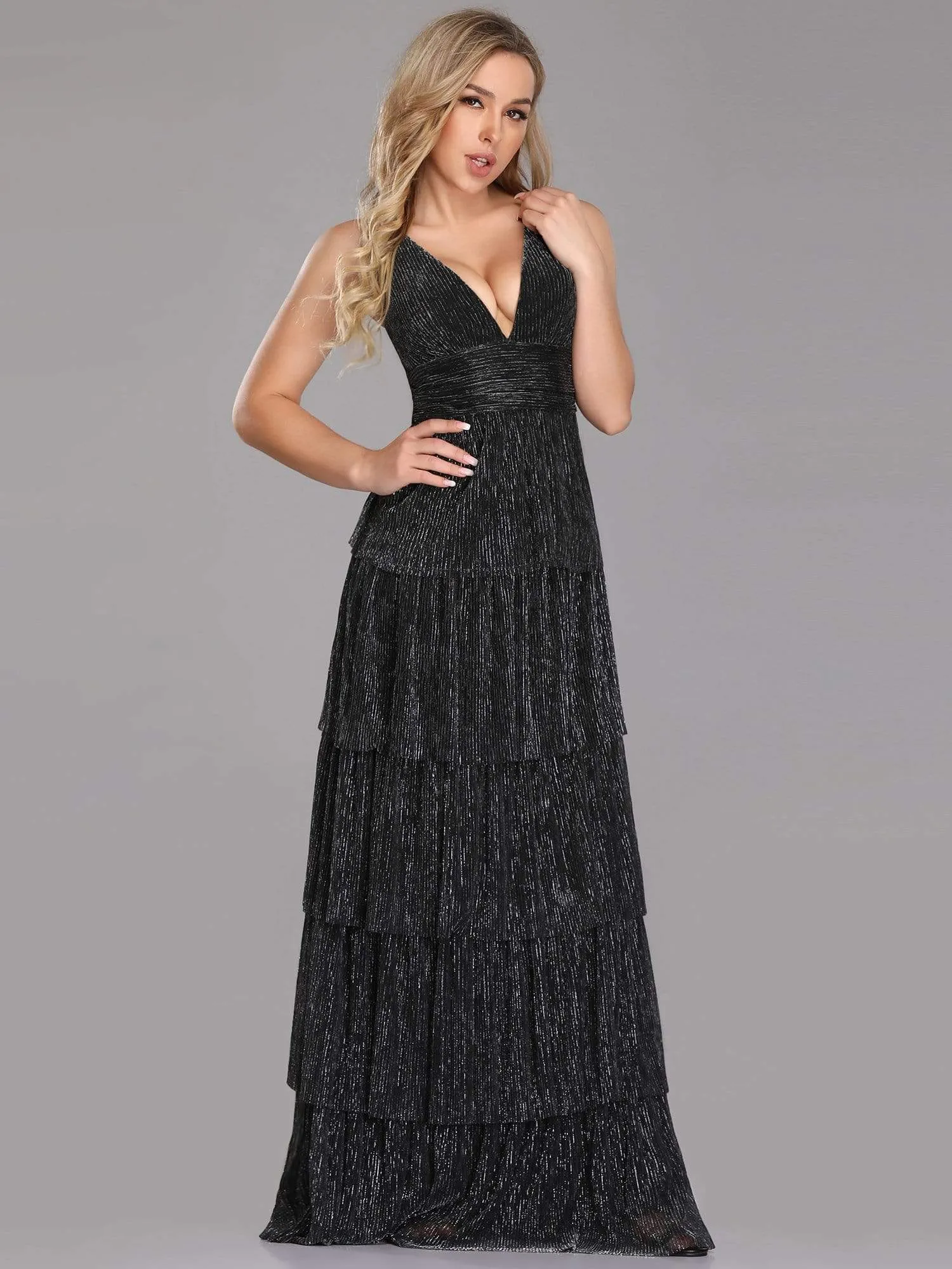 V Neck Shimmery Tiered Evening Dress