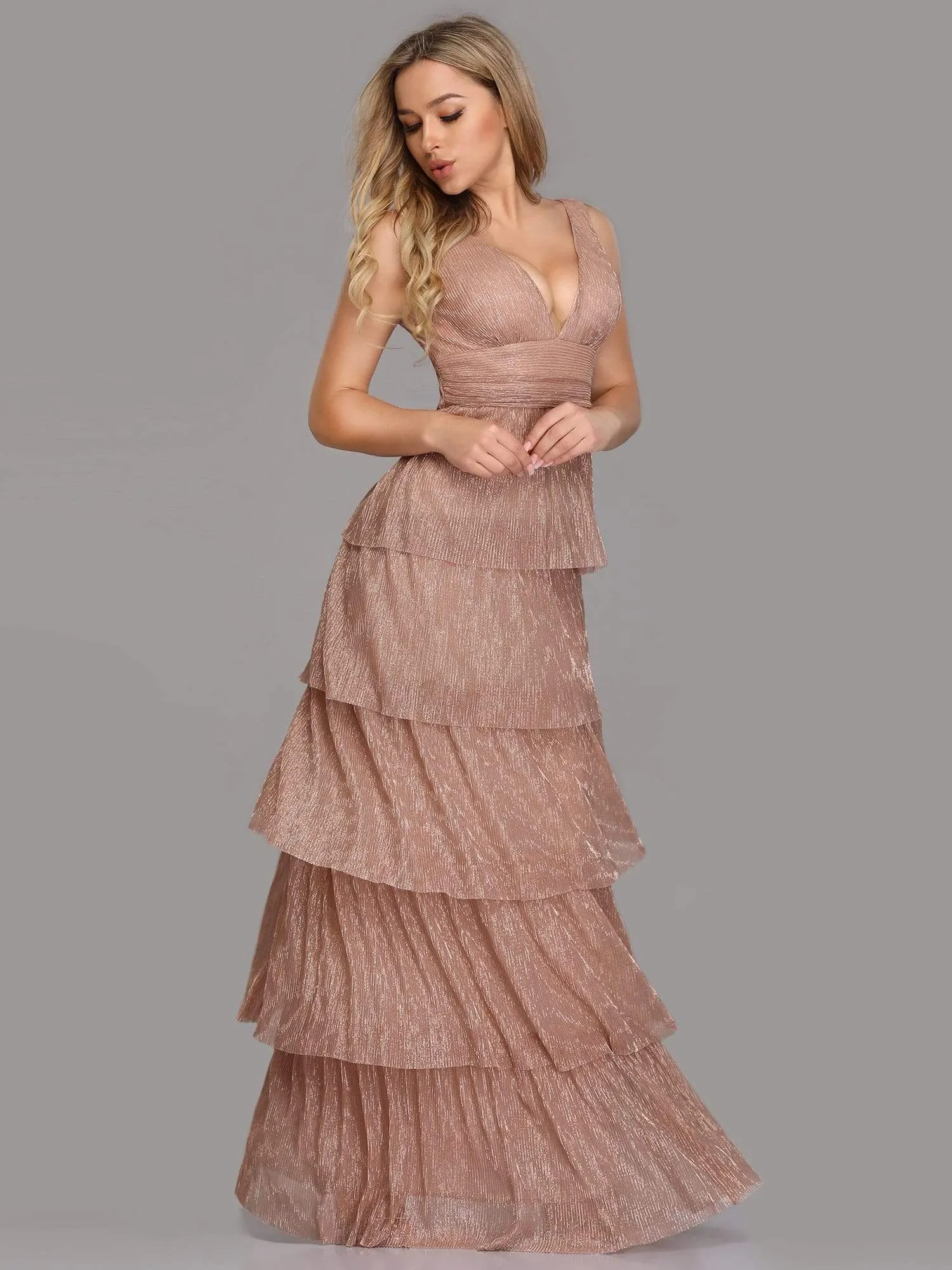V Neck Shimmery Tiered Evening Dress