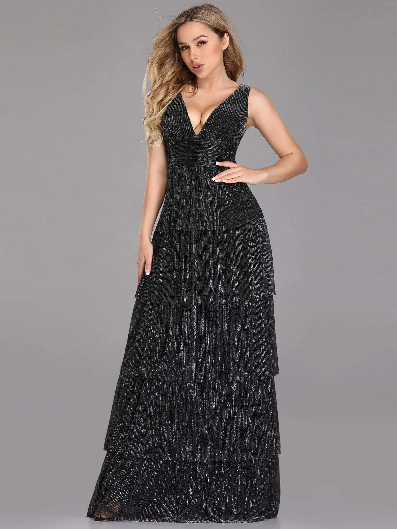 V Neck Shimmery Tiered Evening Dress